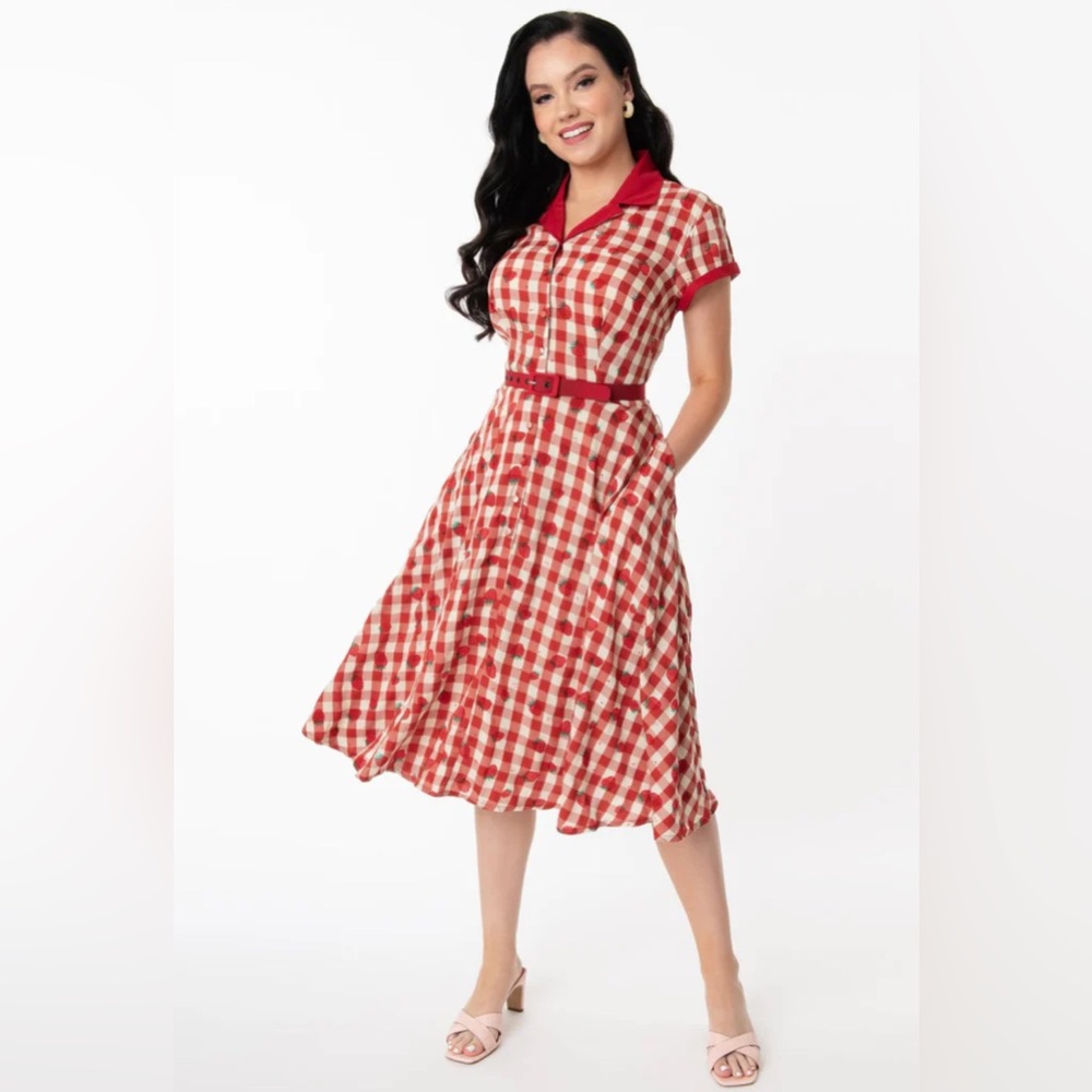 Unique Vintage Button-up Flare Checked Strawberry Midi Dress